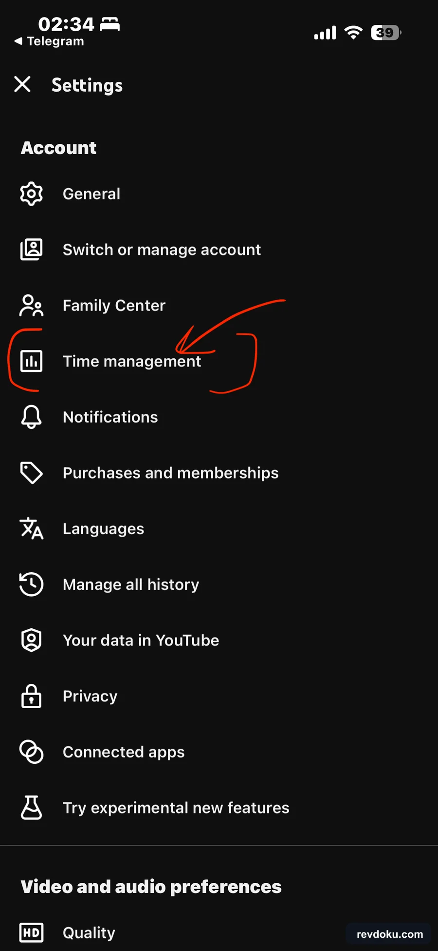 YouTube Settings with Time management highlighted