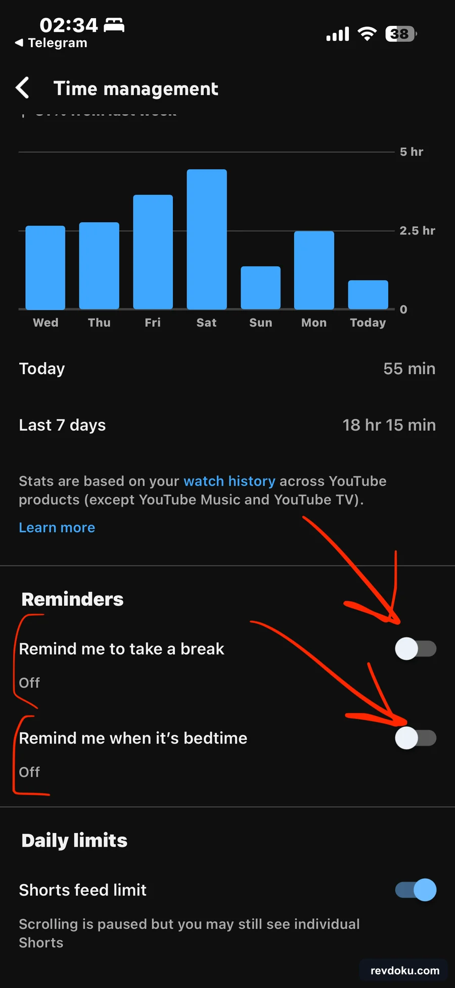 YouTube take-a-break and bedtime reminder settings