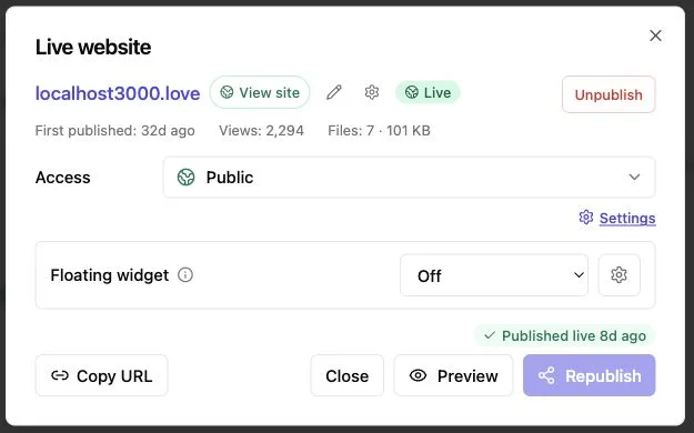 Revdoku live website settings with public access and preview controls