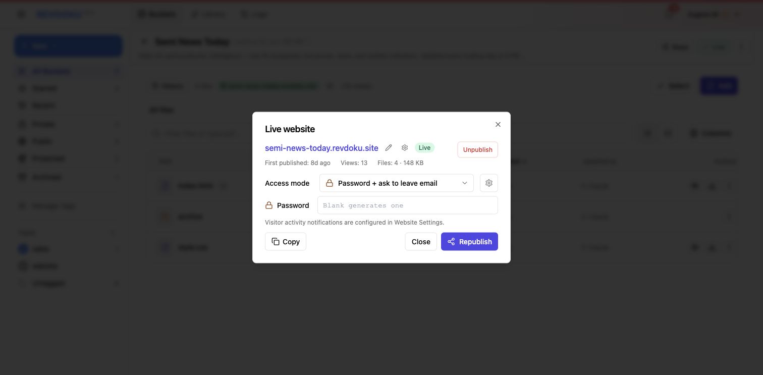 Password plus email access mode in the live website dialog