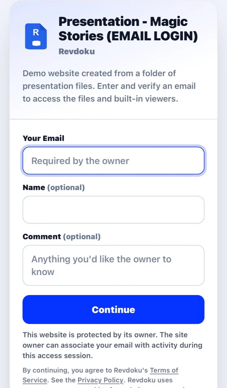 Example email-access form for the Magic Stories presentation. The visitor verifies their email instead of entering a shared password.