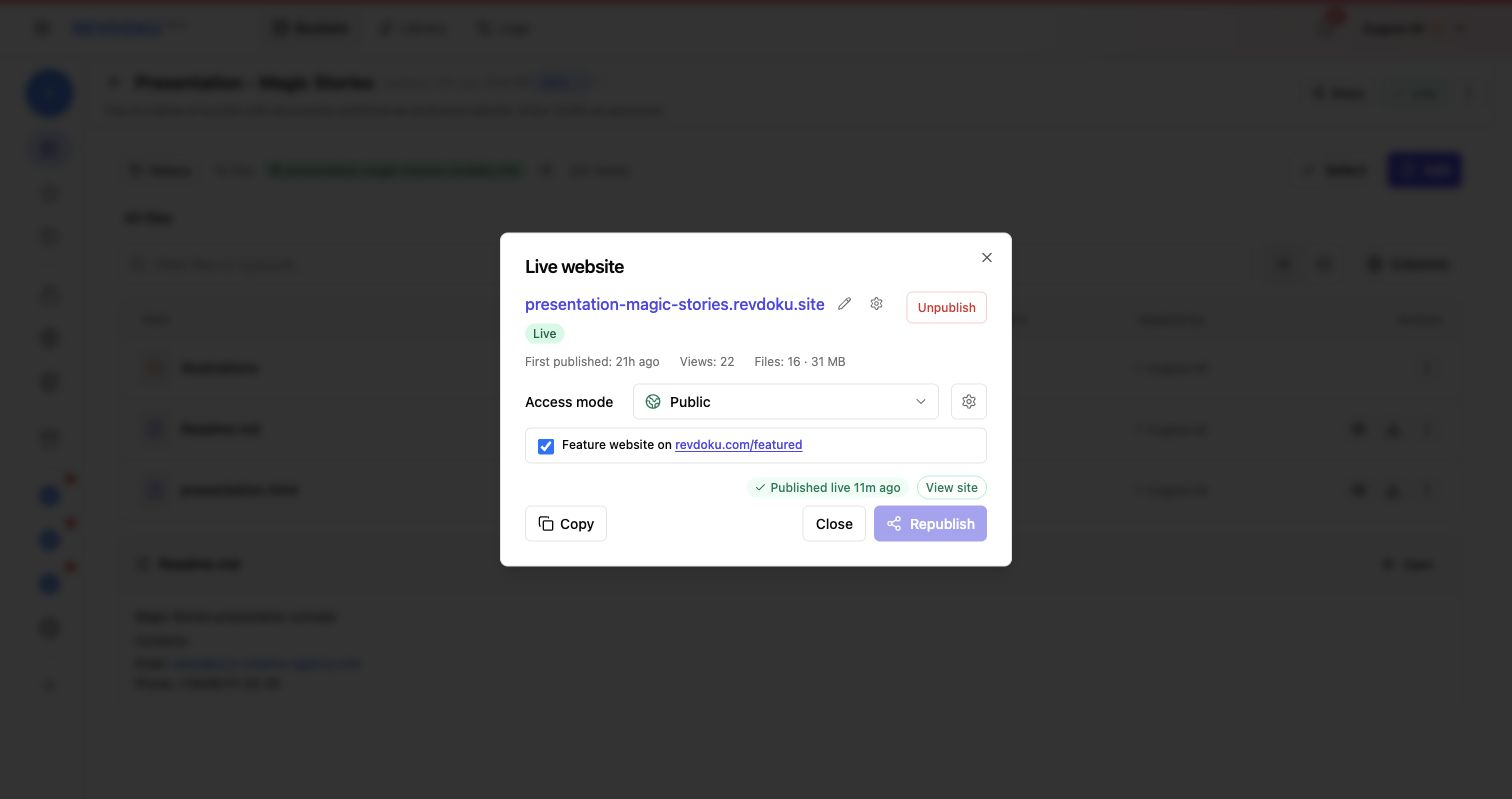 Revdoku publish and access settings for the folder website