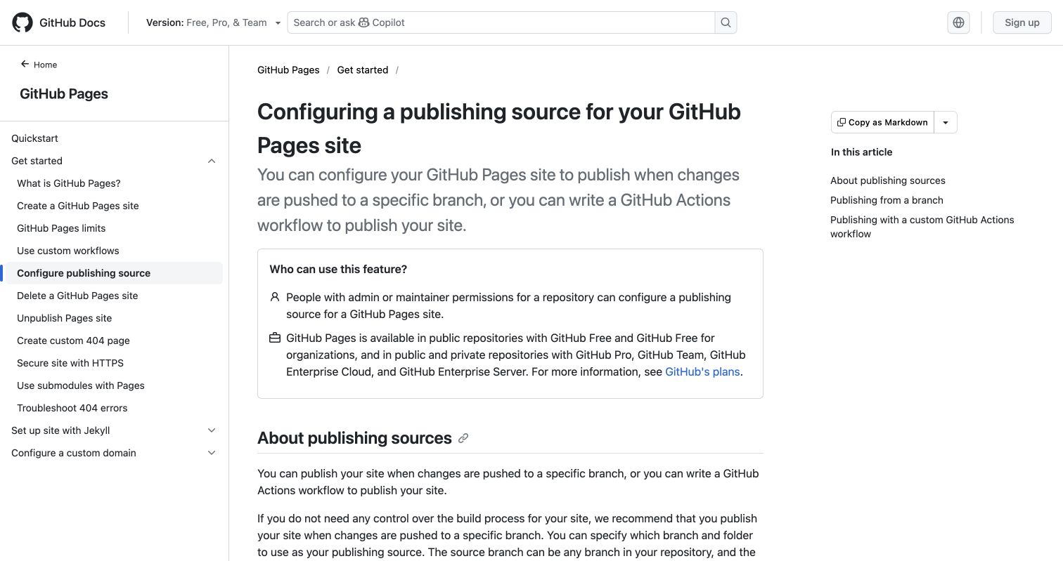 GitHub Pages publishing source settings