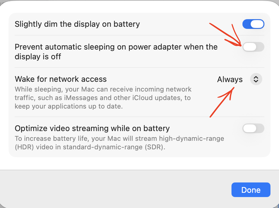 MacBook Battery Options showing Wake for network access set to Always