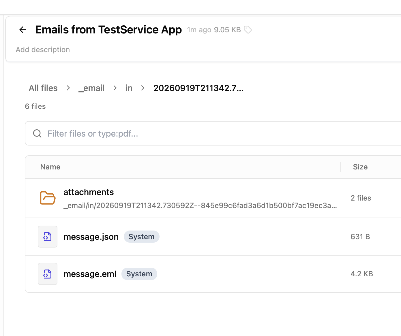 Received email stored alongside a folder containing two attachments