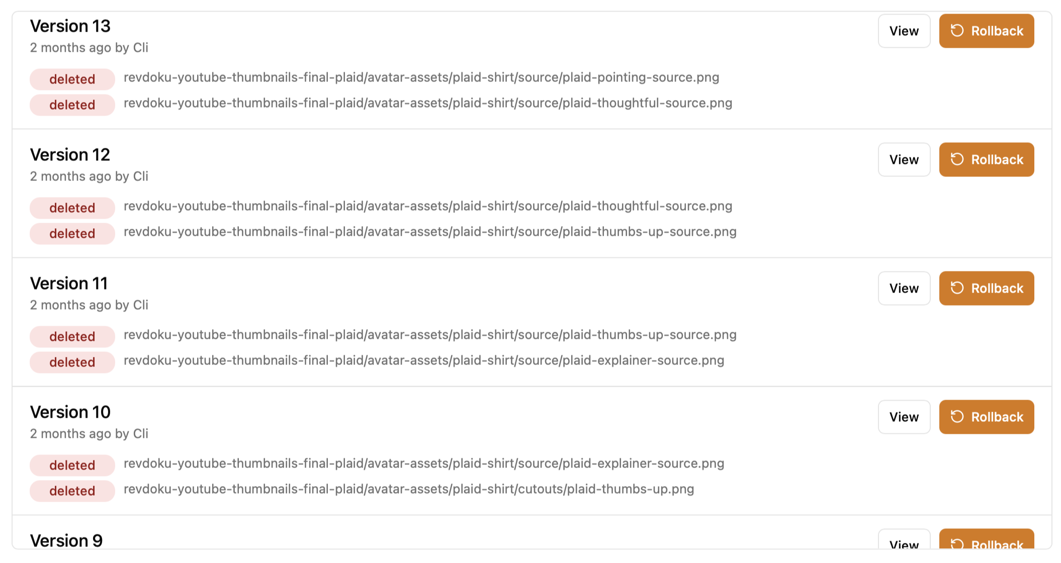 Bucket history showing changes attributed to Cli, with View and Rollback controls