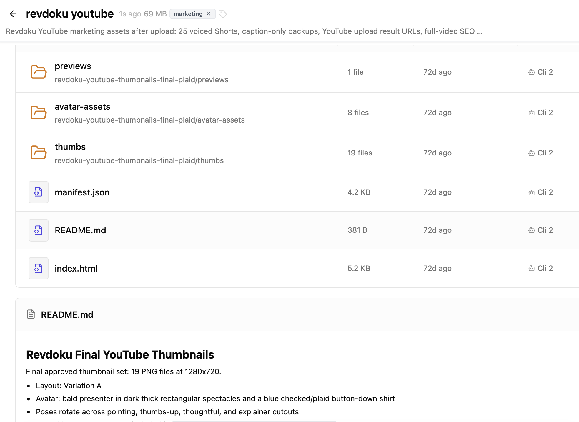 Marketing bucket containing thumbnail folders, source assets, a manifest, and a README