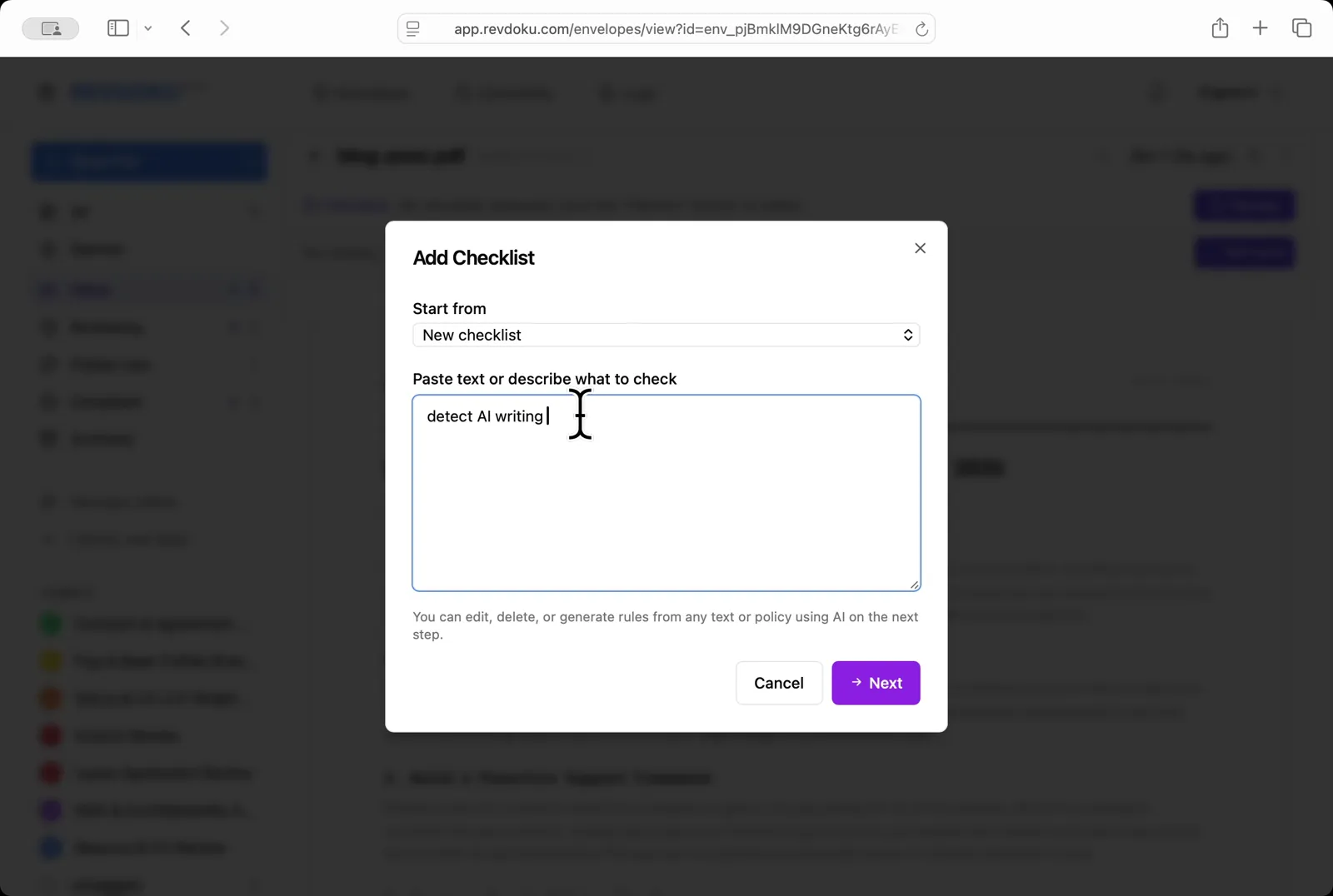 Describe the check in plain English. In the Add Checklist dialog, paste a one-line prompt into the Paste text or describe what to check field: detect AI writing