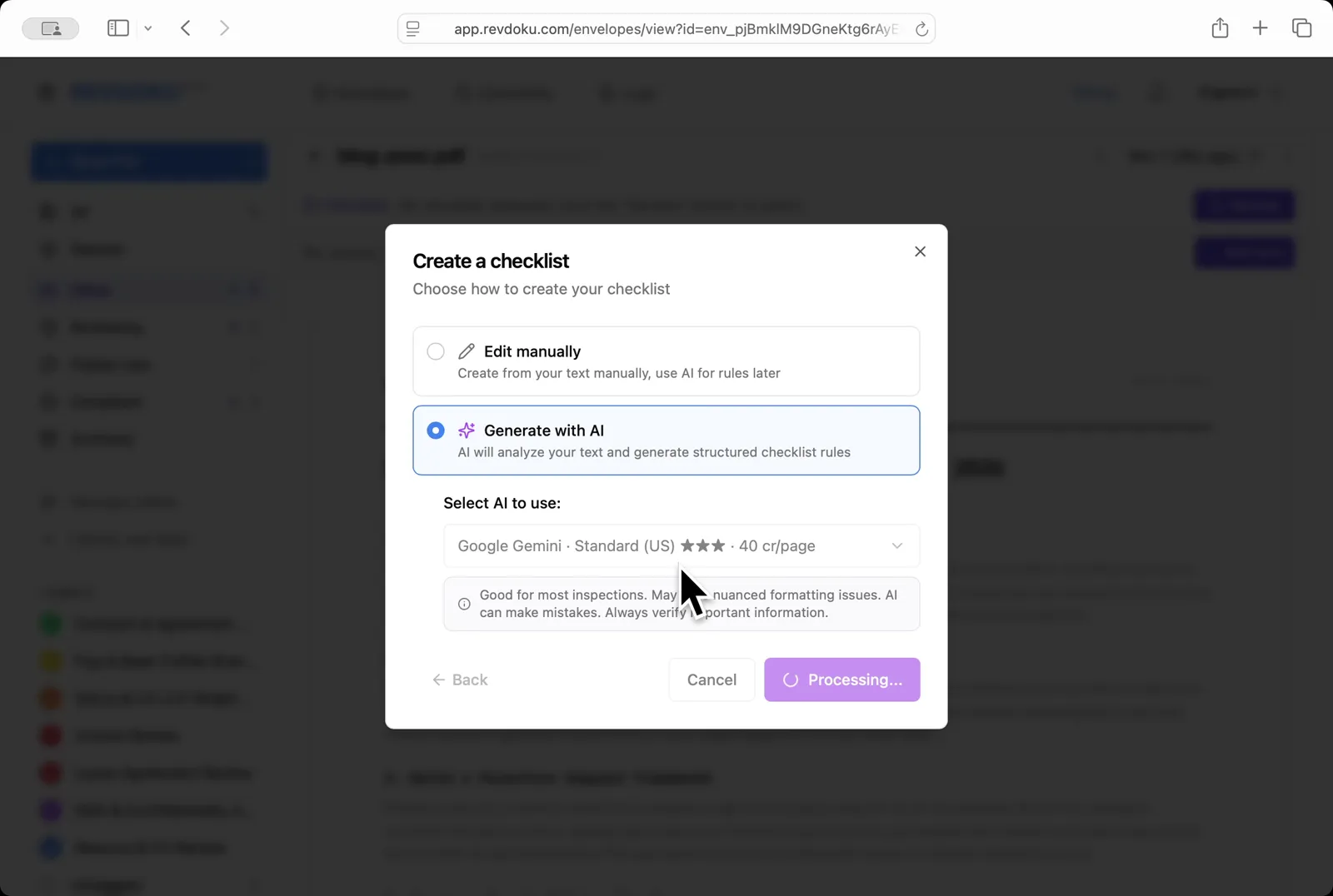 Generate with AI. Pick Generate with AI and choose Google Gemini · Standard (US); click Next and Revdoku turns the prompt into a structured checklist