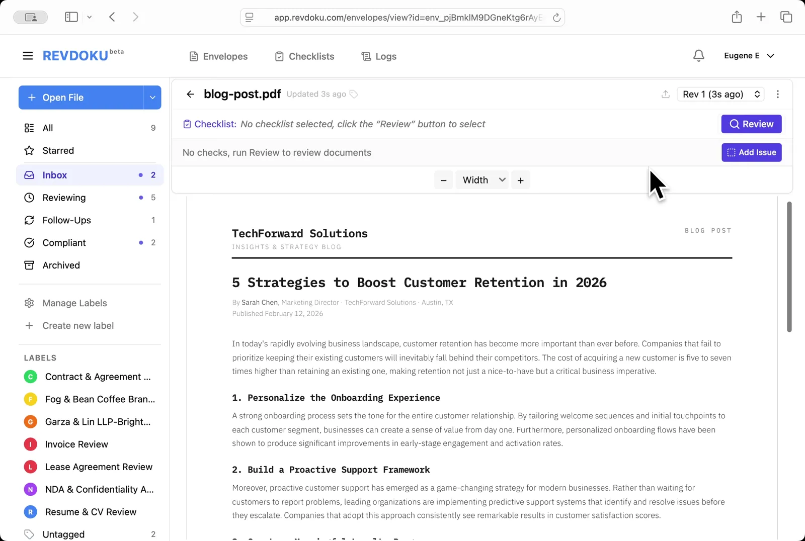 Open the blog post. blog-post.pdf opens in the viewer with no checklist attached — it's a TechForward Solutions article titled 5 Strategies to Boost Customer Retention in 2026