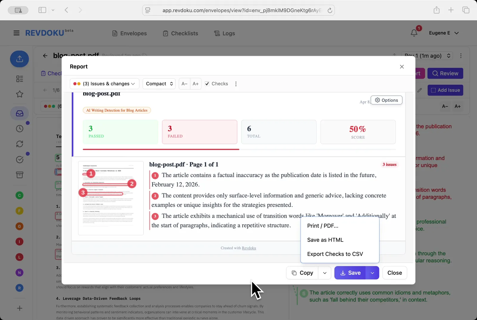 Open the Report. The compact view shows 3 passed, 3 failed, 50% score; use the Save dropdown to export as Print / PDF, Save as HTML, or Export Checks to CSV