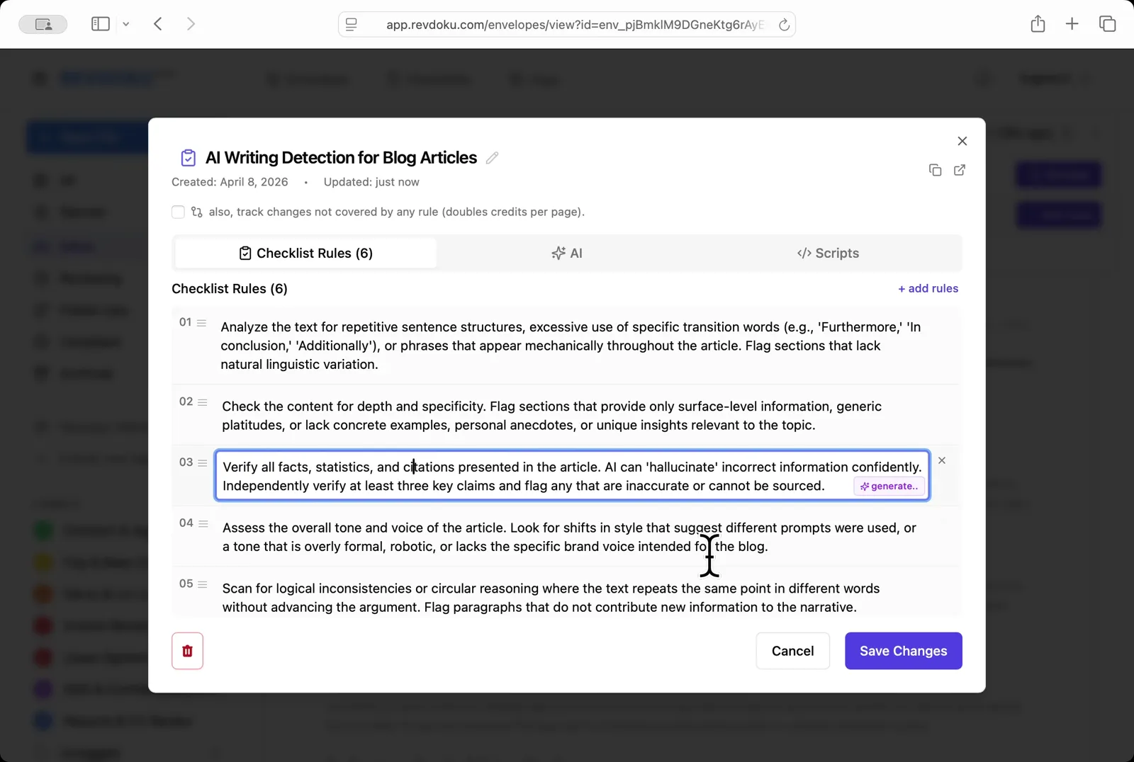 Review the generated rules. Revdoku produces a 6-rule AI Writing Detection for Blog Articles checklist covering repetitive structures, depth and specificity, fact verification, tone and voice, logical consistency, and citations