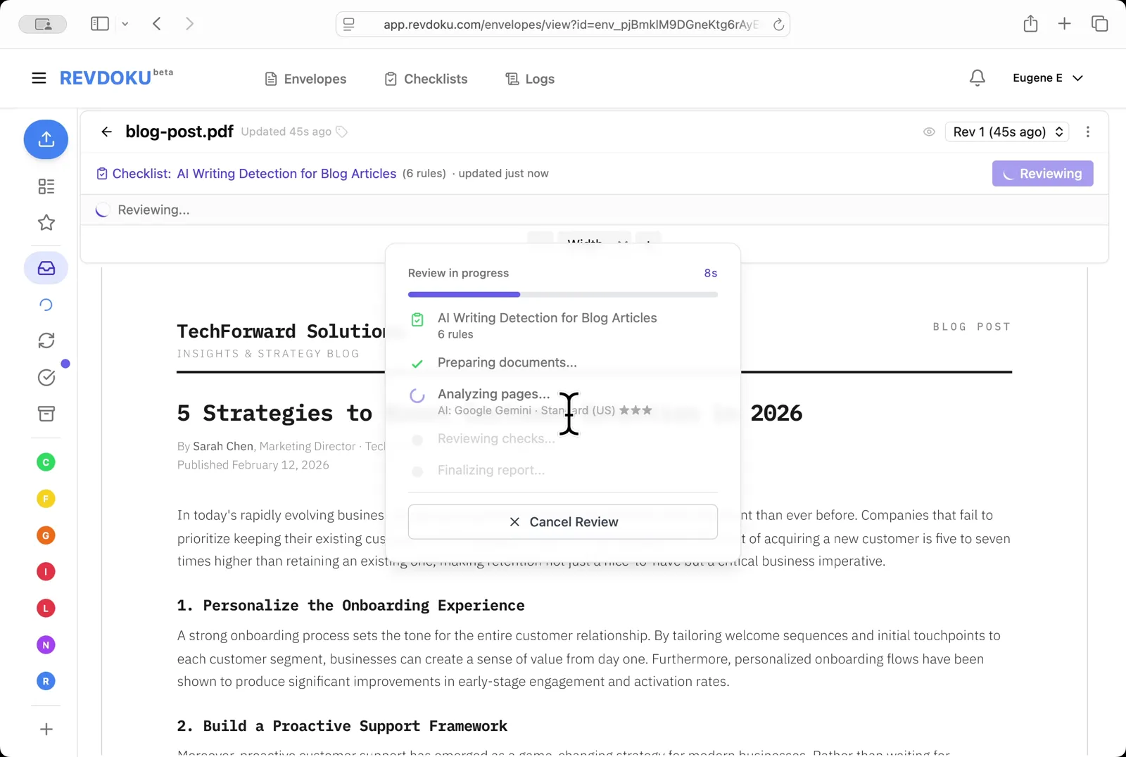 Run the review. Click Review and Revdoku analyzes the page with Google Gemini against the six rules