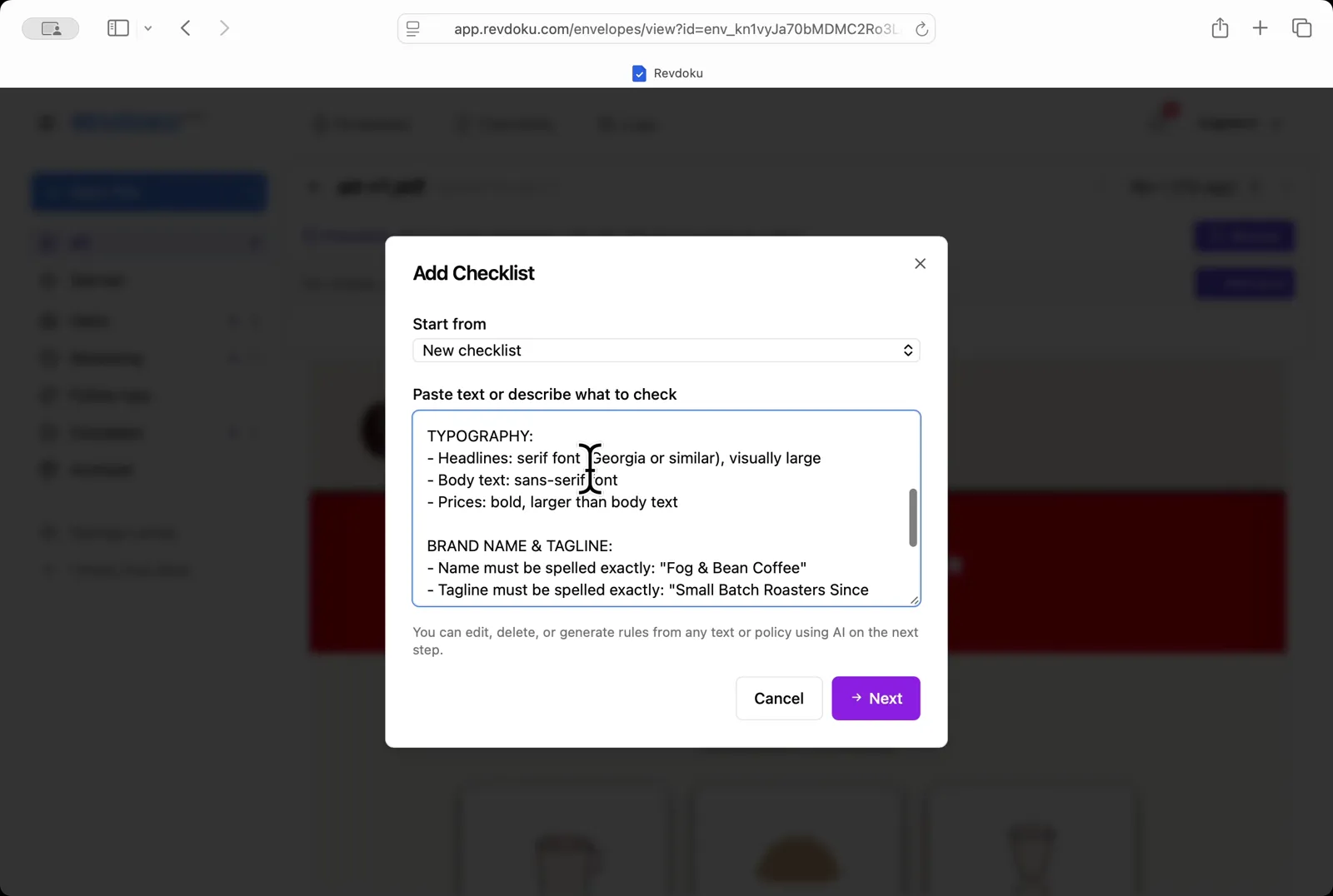 Paste the brand guide. In the Add Checklist dialog, paste the typography, brand name, and tagline rules into the Paste text or describe what to check field