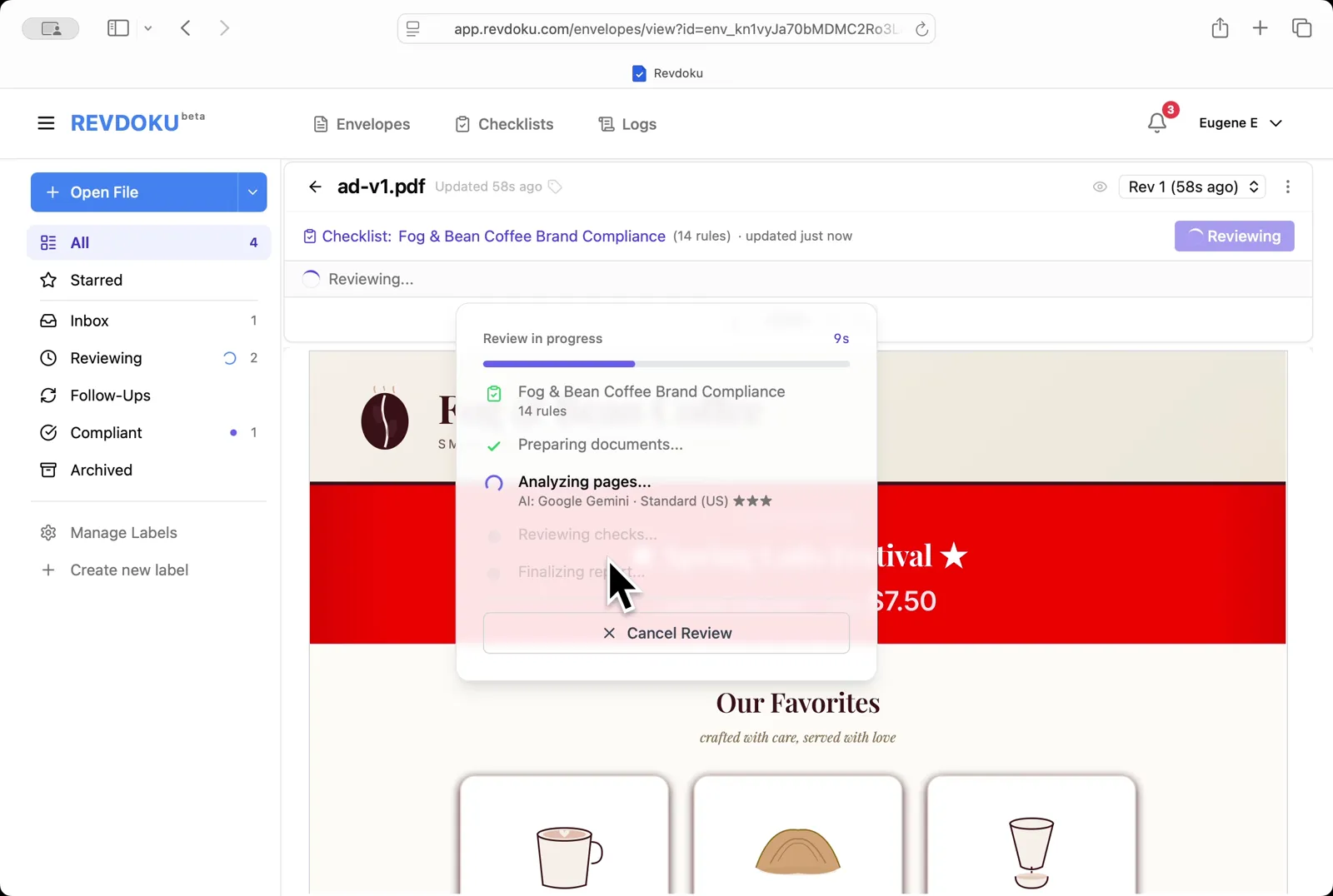 Review ad-v1.pdf. Click Review and Revdoku analyzes the ad against the 14 rules with Google Gemini