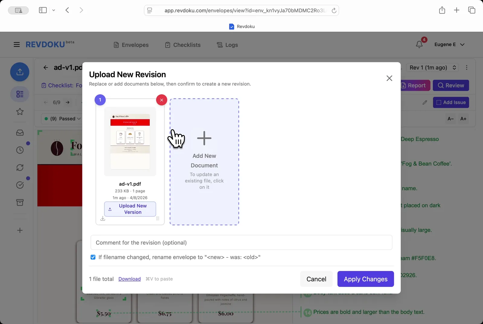 Upload a new revision. Click Upload New Version and drop ad-v2.pdf into the dialog to replace ad-v1