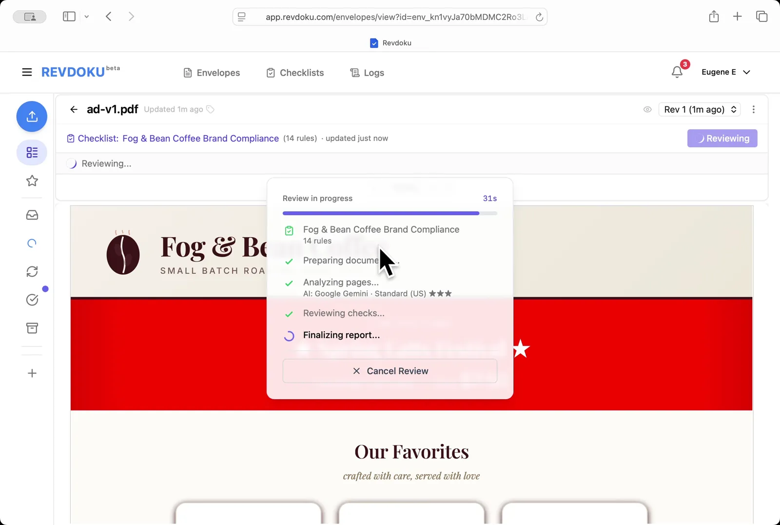 Wait for the report to finalize. Revdoku finishes the checks and writes the report