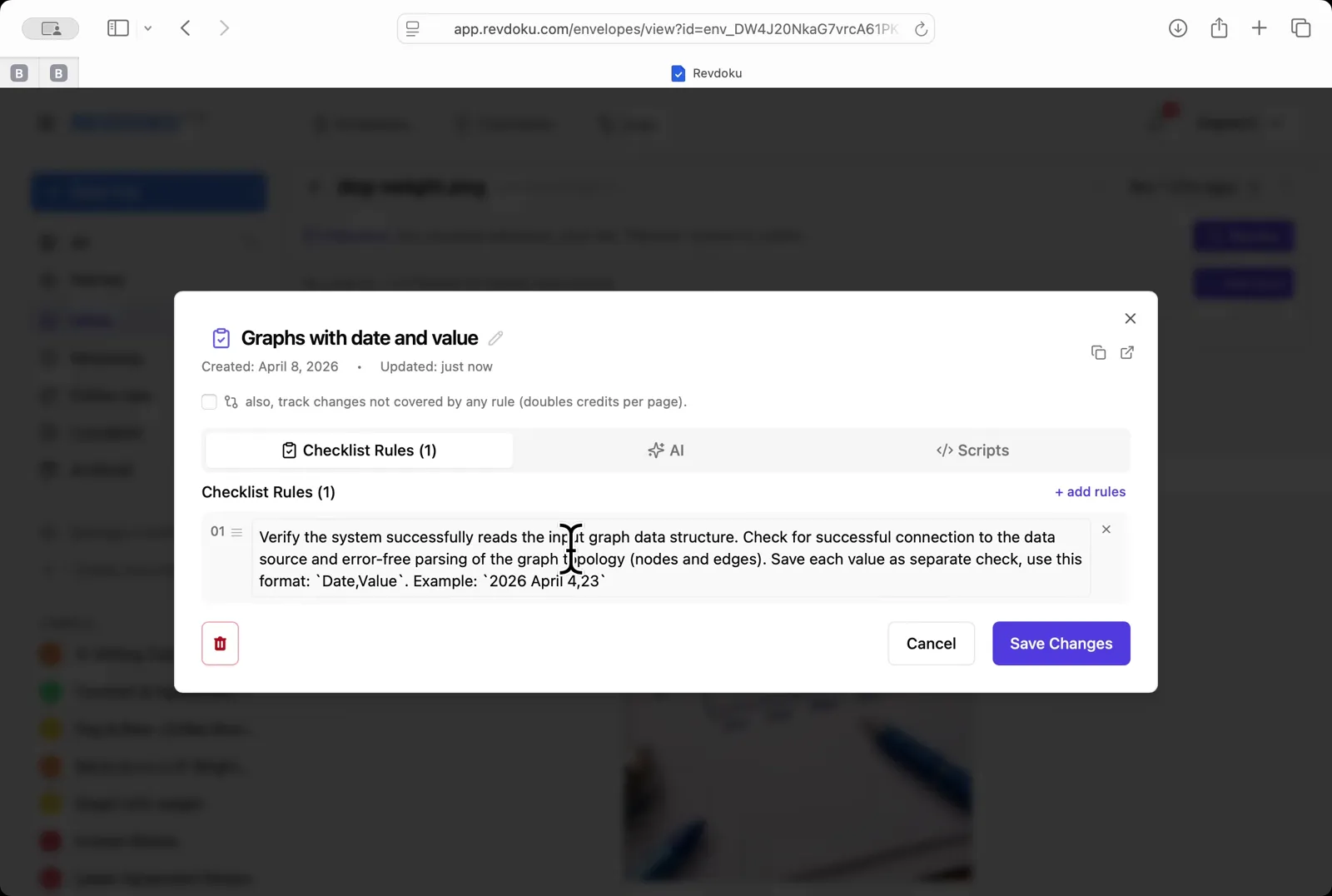 Pick the chart-reading checklist. Choose Graphs with date and value — a one-rule checklist that asks the AI to extract every Date, Value pair