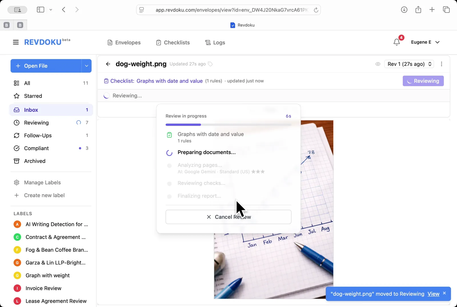 Run the review. Click Review and Revdoku analyzes the page with Google Gemini and runs the rule