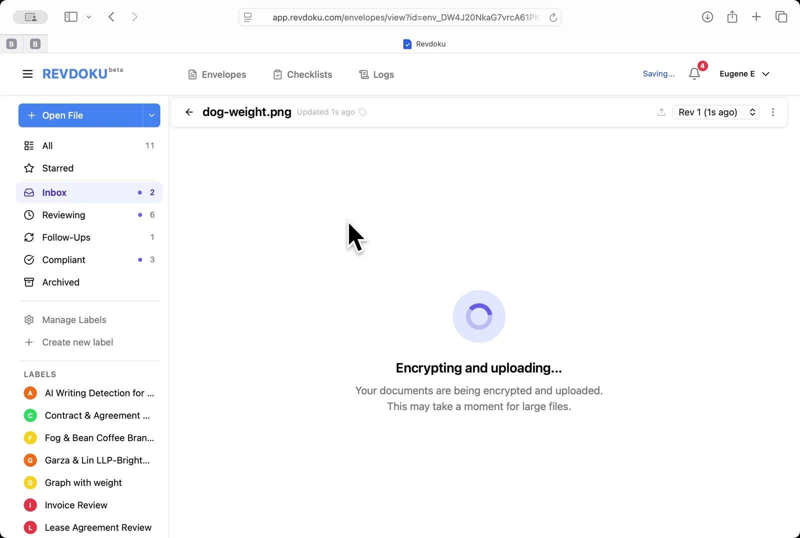 Upload the chart. Click Open File and pick dog-weight.png; Revdoku encrypts and uploads the image