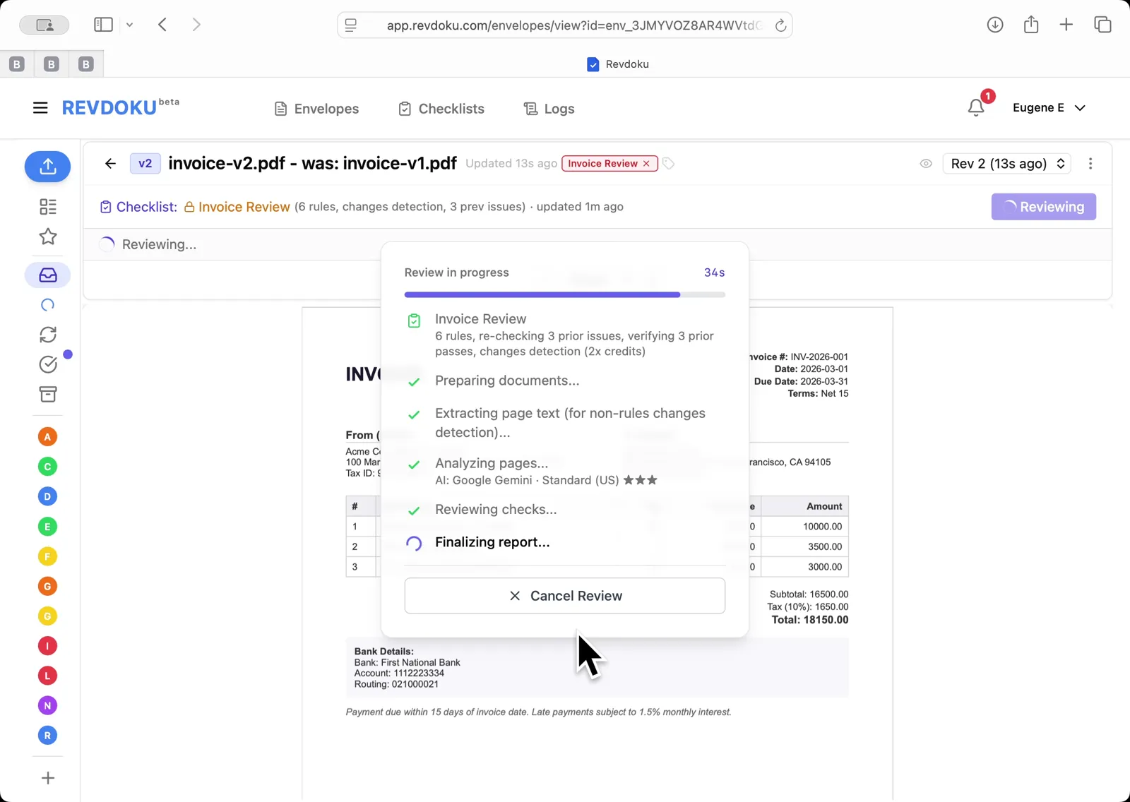 Analyzing pages and reviewing checks on the new revision