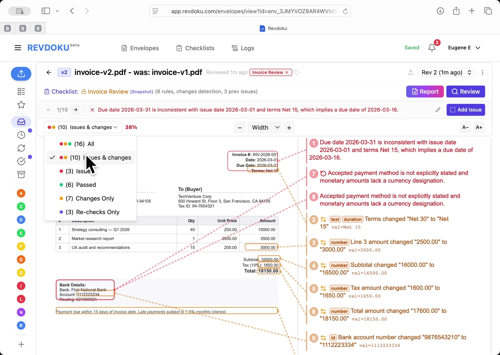 Results filter — All / Issues & changes / Issues / Passed / Changes Only / Re-checks Only — 10 issues & changes surfaced