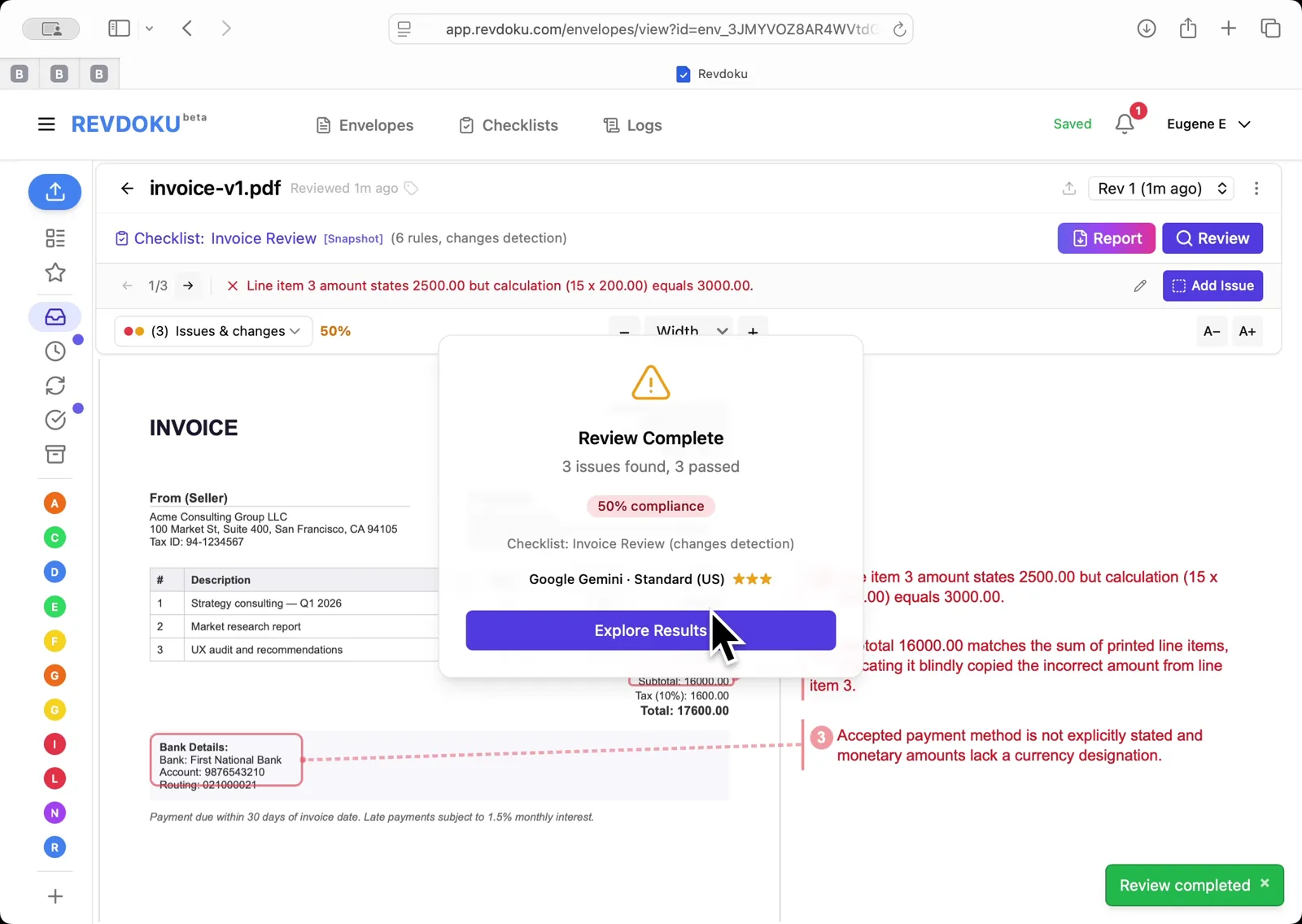 Review Complete: 3 issues found, 3 passed, 50% compliance — issues annotated directly on the invoice