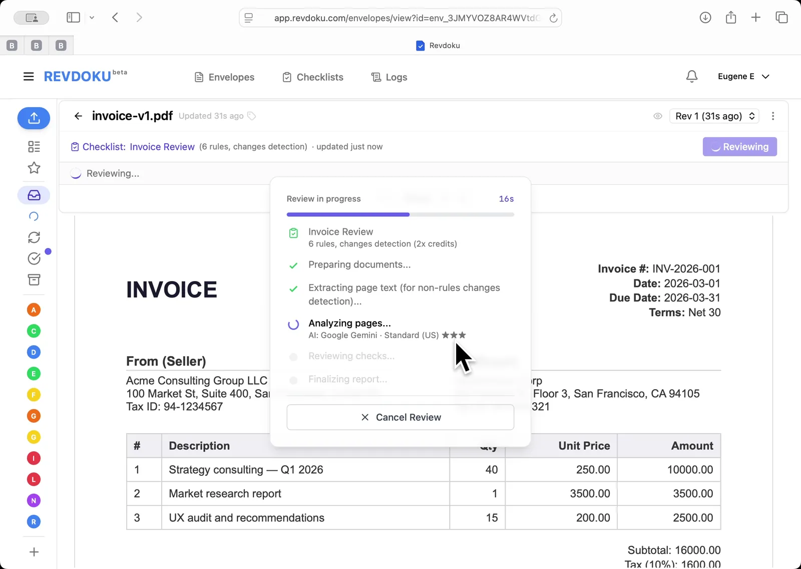 Run the AI review on invoice-v1.pdf — Revdoku prepares the document and extracts page text