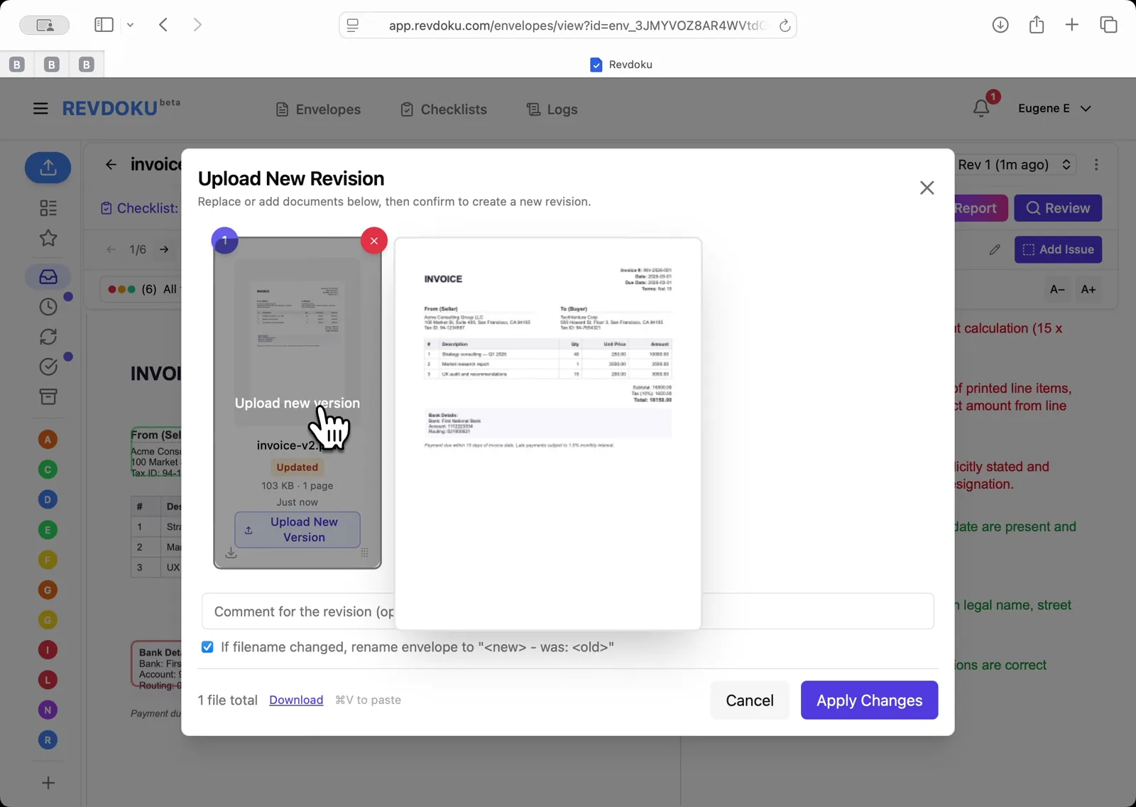 Upload New Revision dialog — drag invoice-v2.pdf in to replace v1