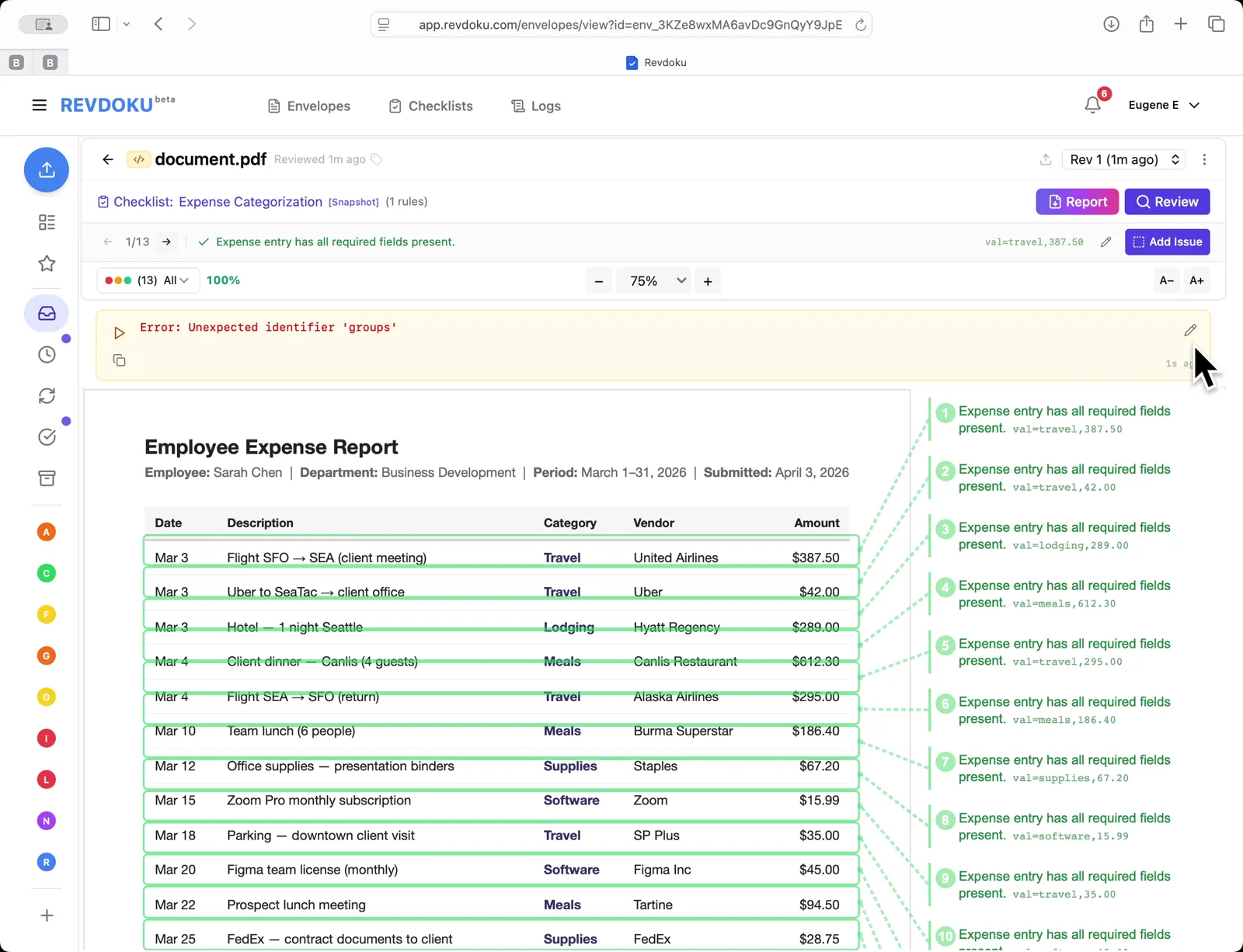 Error banner above expense table