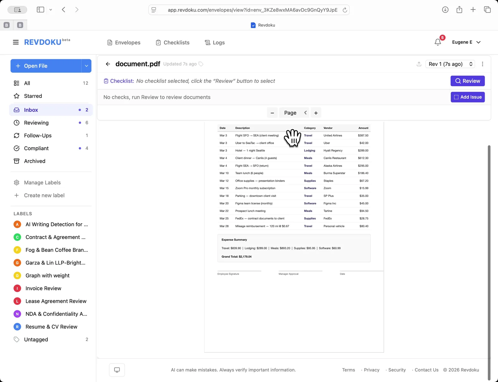 Expense report PDF open in viewer