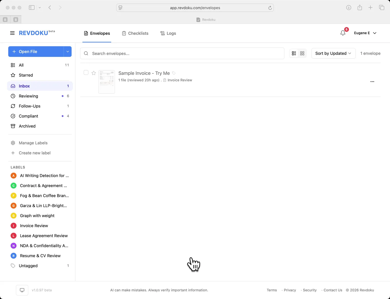 Revdoku Envelopes inbox