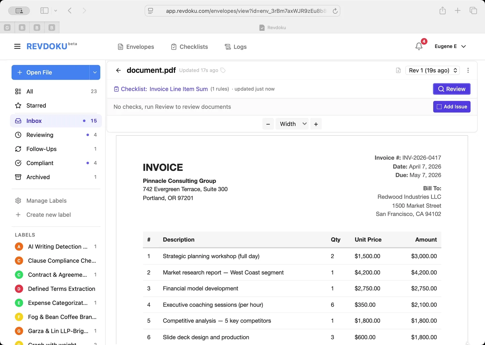 Open the invoice. Invoice INV-2026-0417 from Pinnacle Consulting Group to Redwood Industries LLC is open. Eight line items list descriptions, quantities, unit prices, and amounts — from a $3,000 strategic planning workshop to $770 in travel expenses.