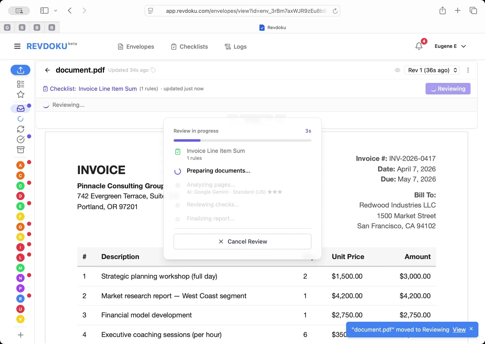 Run the review. Back in the Review Envelope dialog, confirm Invoice Line Item Sum (1 rules) is selected and click Run Review.
