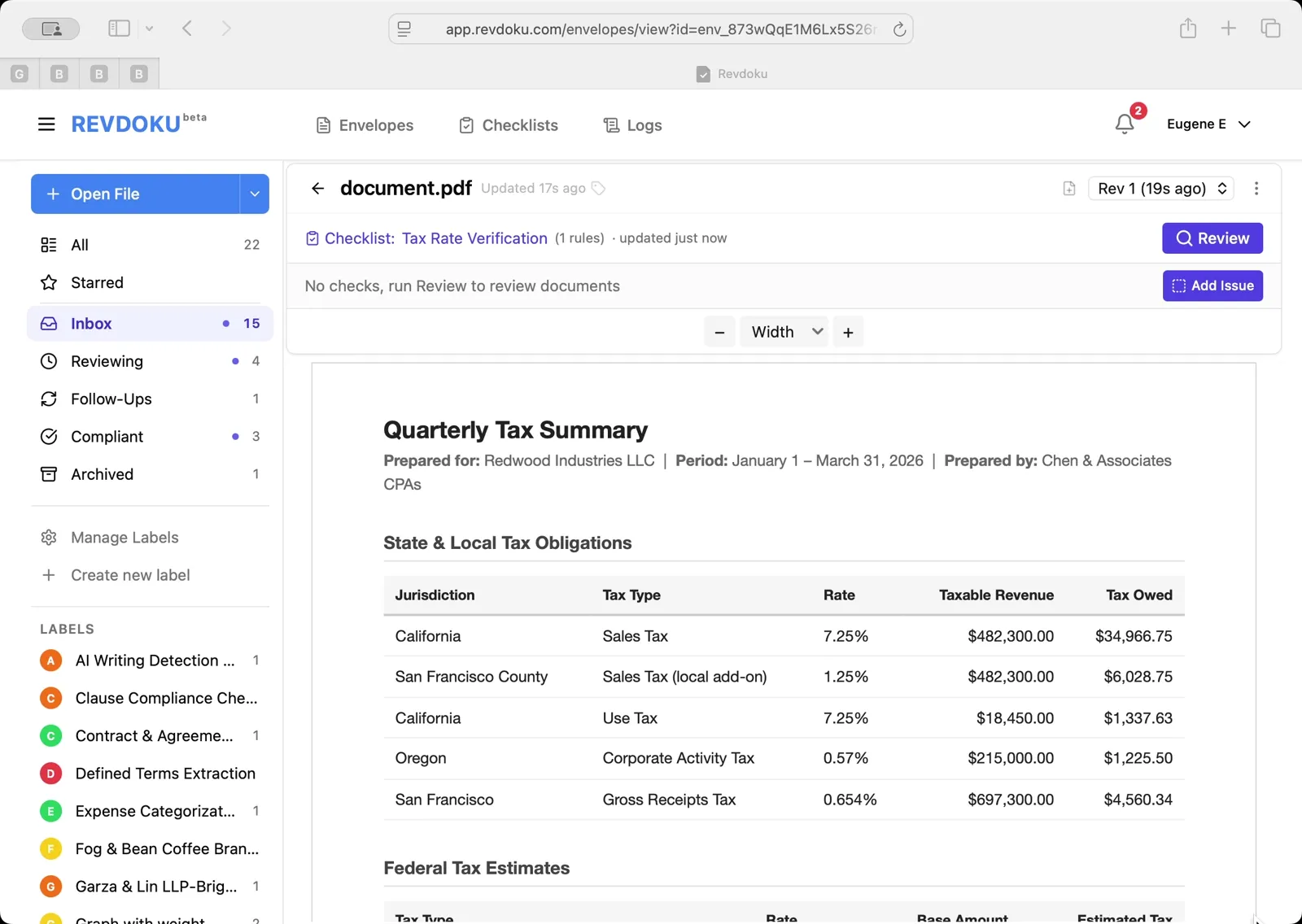 Open the Quarterly Tax Summary. The Q1 2026 tax summary prepared by Chen and Associates CPAs for Redwood Industries LLC is open, listing state and local tax obligations with jurisdiction, tax type, rate, taxable revenue, and tax owed.