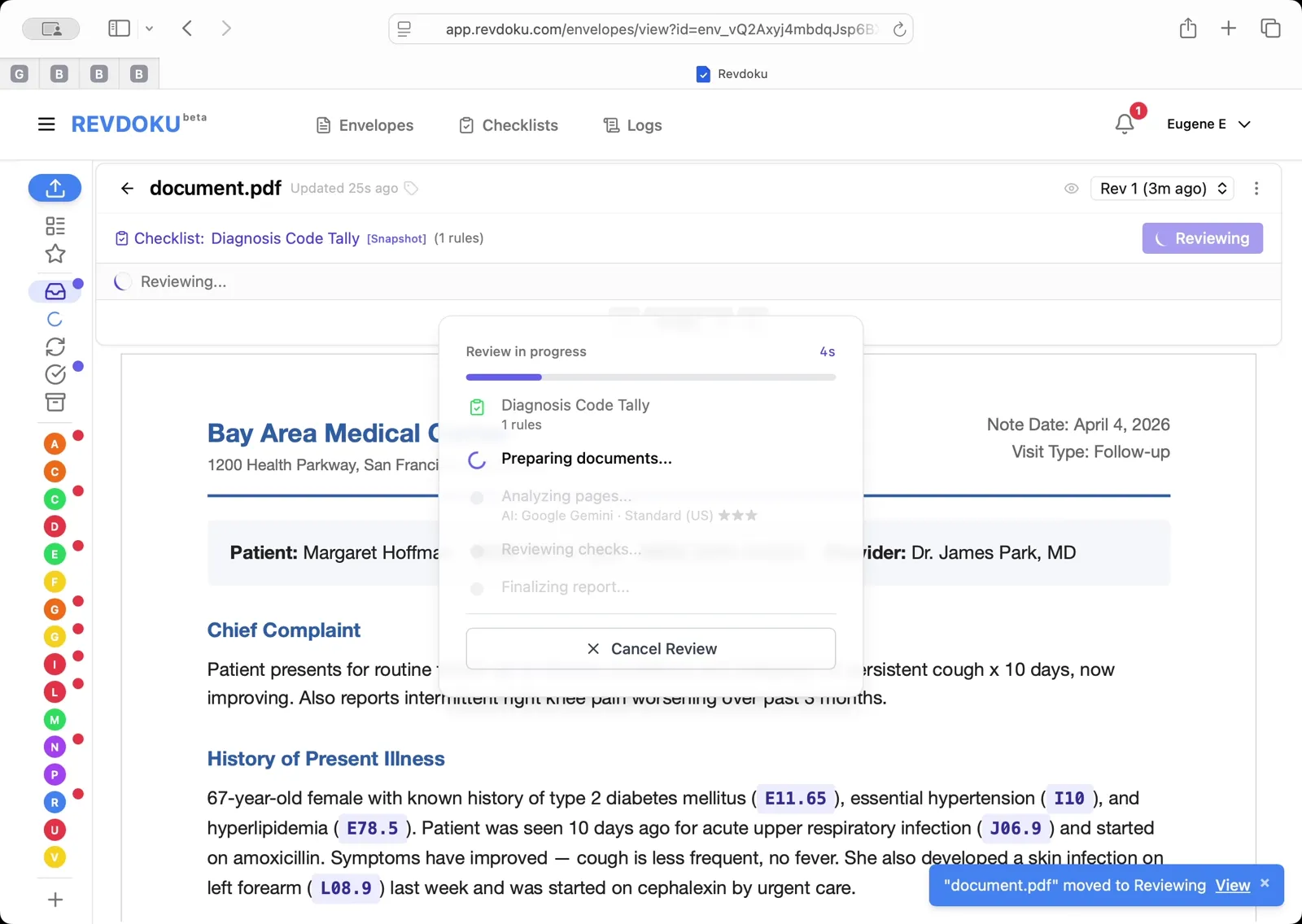 Run the Diagnosis Code Tally checklist. Click Review, pick Diagnosis Code Tally (1 rules), and click Run Review. Revdoku walks through Preparing, Analyzing, Reviewing, and Finalizing.