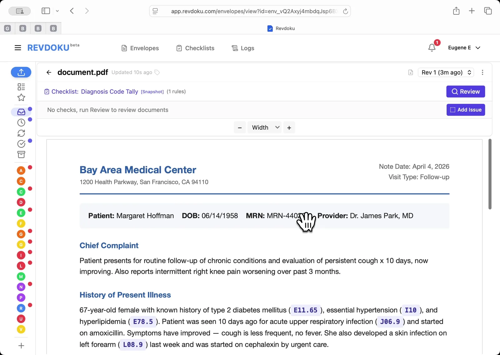 Scan the coded conditions. Each diagnosis is tagged with its ICD-10 badge inline with the prose. The goal is to pull out every code and count occurrences.