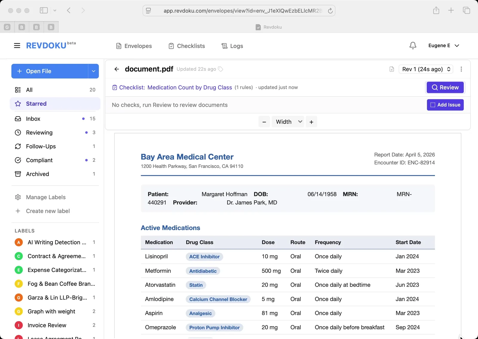Open the medication list. The Bay Area Medical Center Active Medications table is open, listing Lisinopril (ACE Inhibitor), Metformin (Antidiabetic), Atorvastatin (Statin), Amlodipine, Aspirin, Omeprazole, and more — each with drug class, dose, route, frequency, and start date.