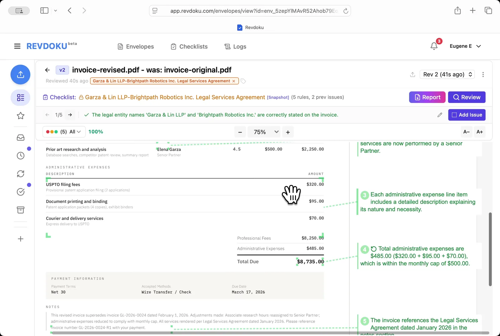 All 5 checks now pass. The Associate's hours have been reassigned to a Senior Partner and administrative expenses are down to $485, within the $500 cap