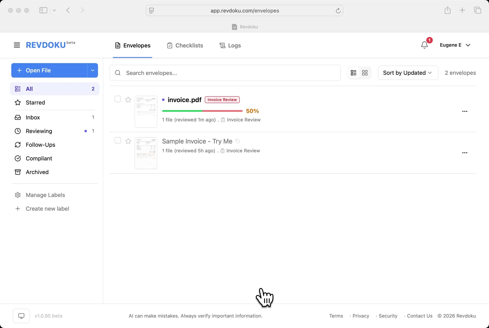 Open the Envelopes inbox. The inbox shows the invoice you want to review