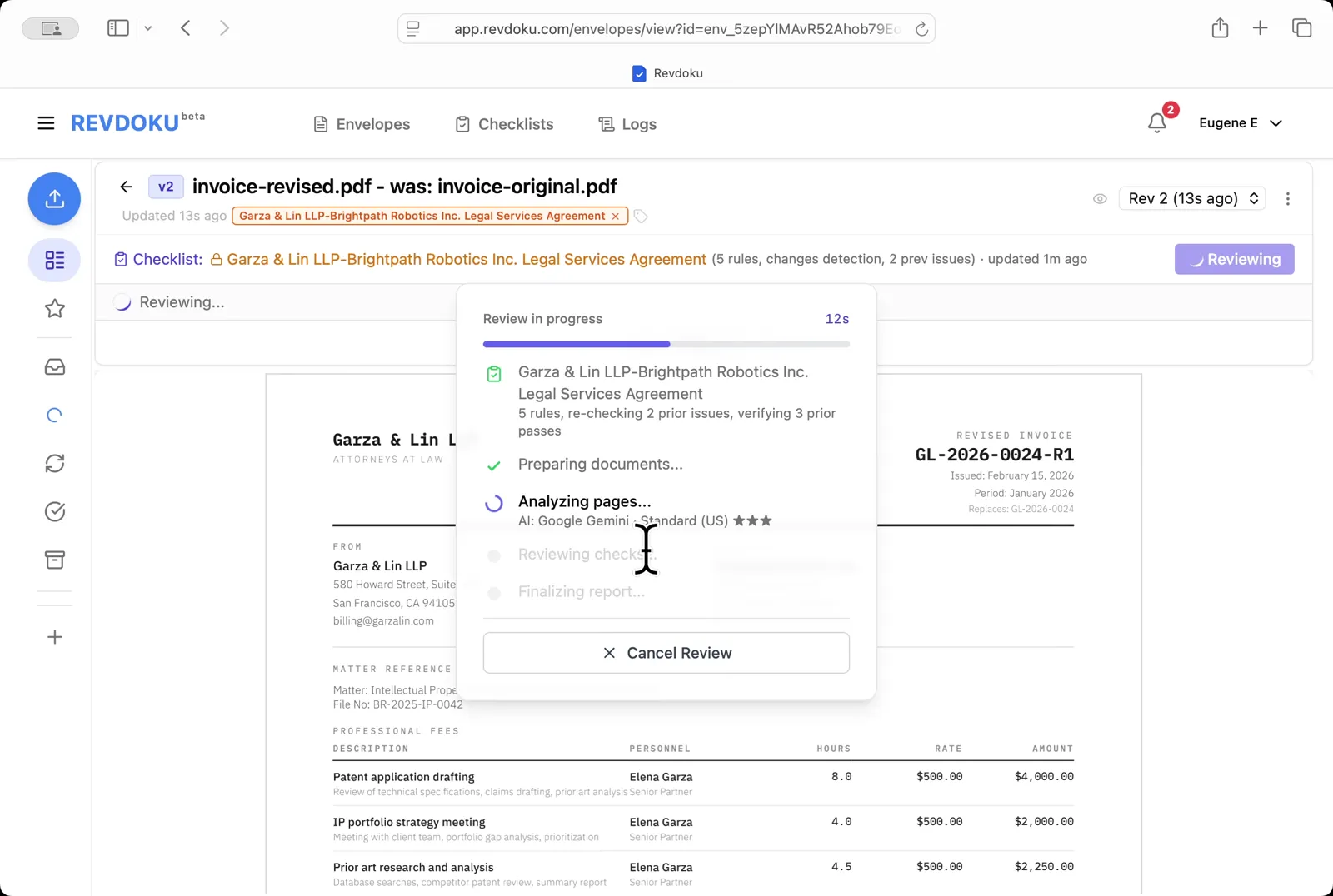 Re-review the new revision. Revdoku starts a fresh review on v2, re-checking the 2 prior issues and verifying the 3 prior passes