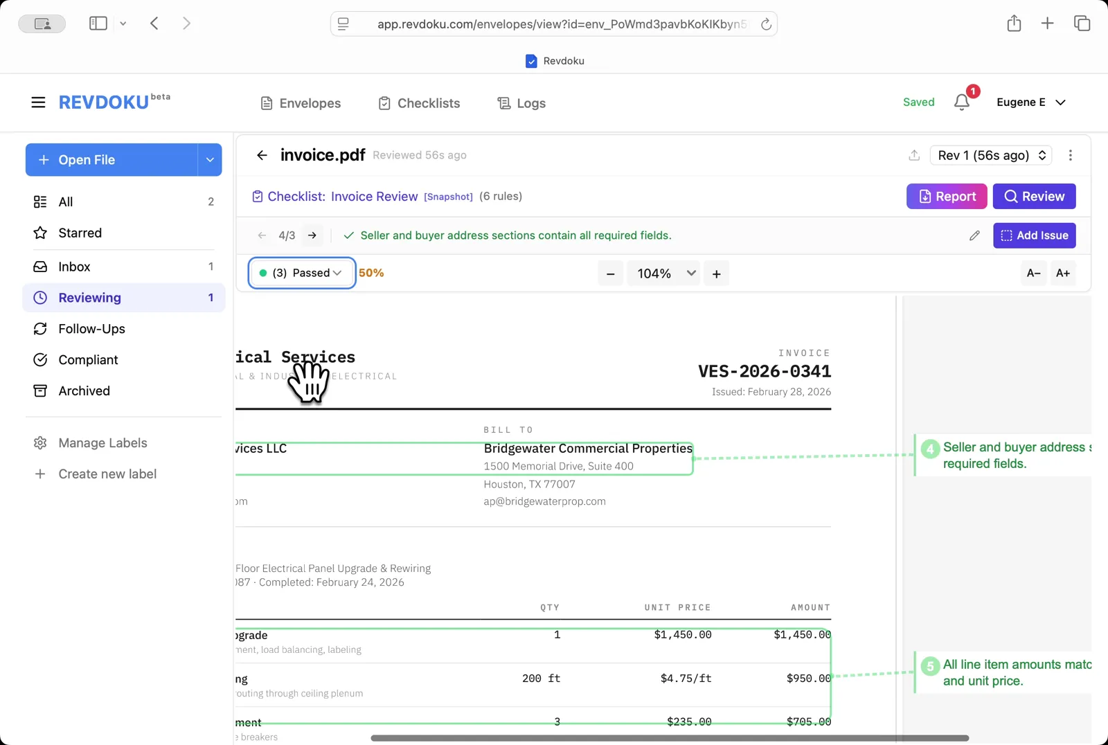Filter to passed checks. Pick Passed in the dropdown to see what the invoice got right — the seller and buyer addresses are complete