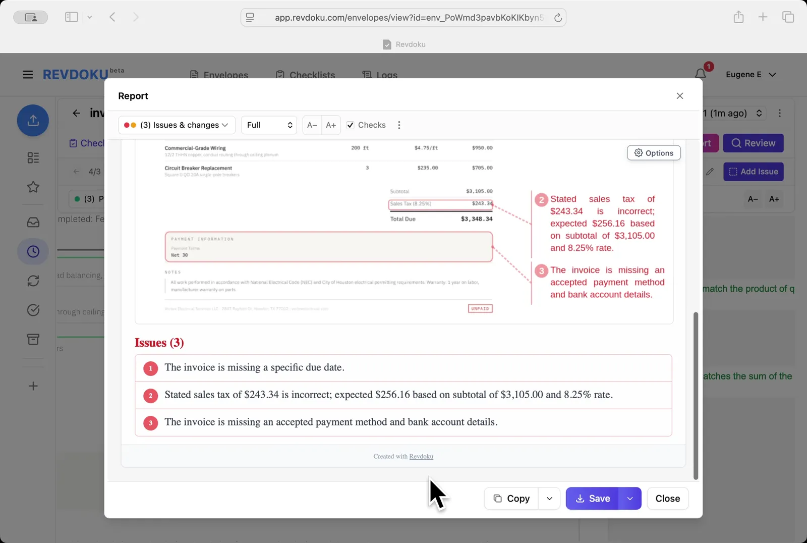 Open the report. The Issues (3) section lists the missing due date, the wrong sales tax, and the missing payment information, ready to copy or save