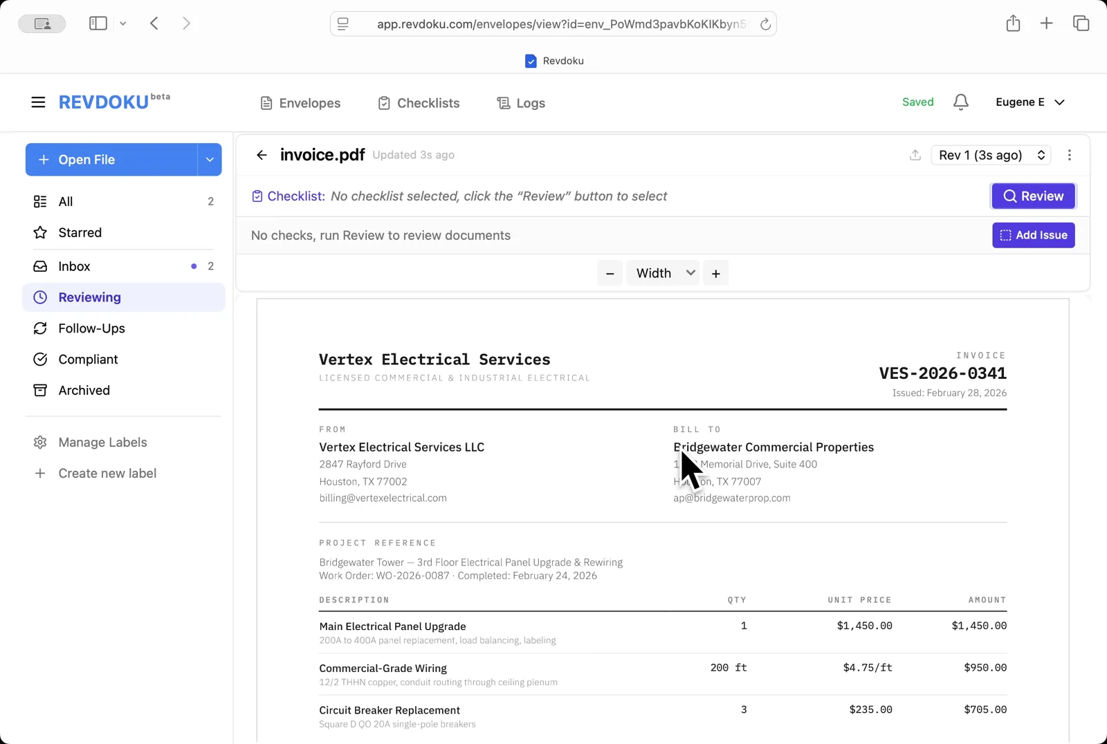 Open the uploaded invoice. invoice.pdf opens in the viewer with no checklist attached
