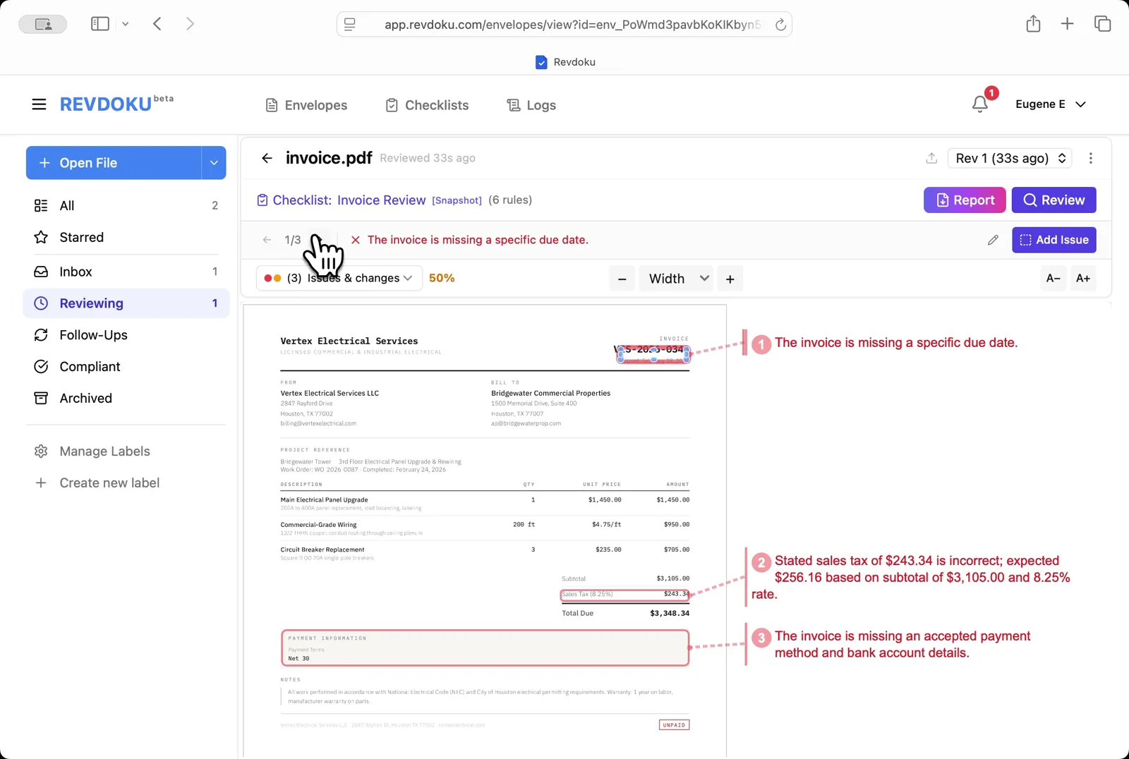 Read the three issues. Revdoku flags a missing due date, an incorrect sales tax ($243.34 stated, $256.16 expected at 8.25% on $3,105.00), and a missing payment method and bank details