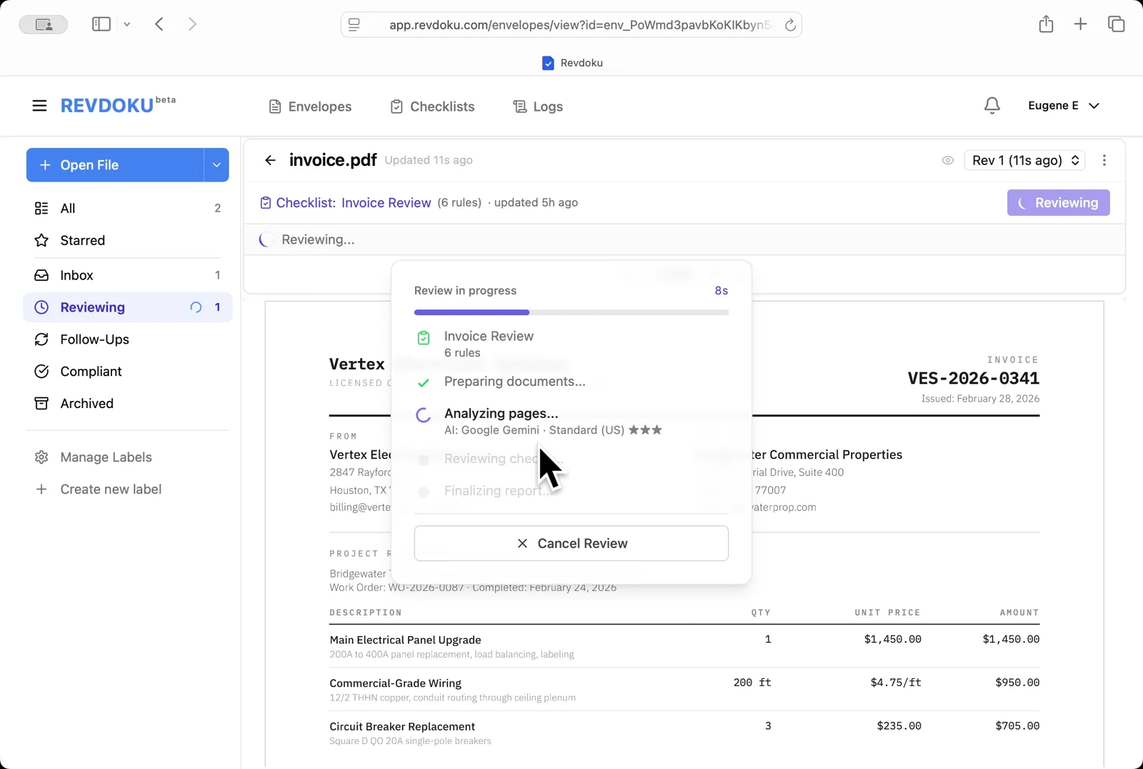 Revdoku analyzes the invoice. It extracts the page text and runs the six checks against it
