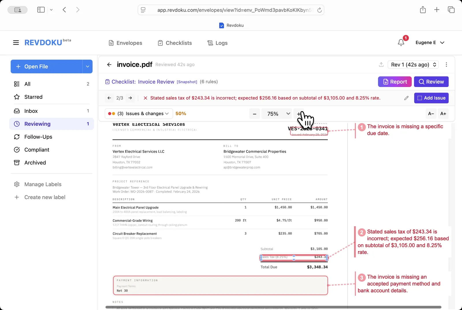 Zoom out to see all issues at once. The 50% view shows all three flagged areas connected to their annotations