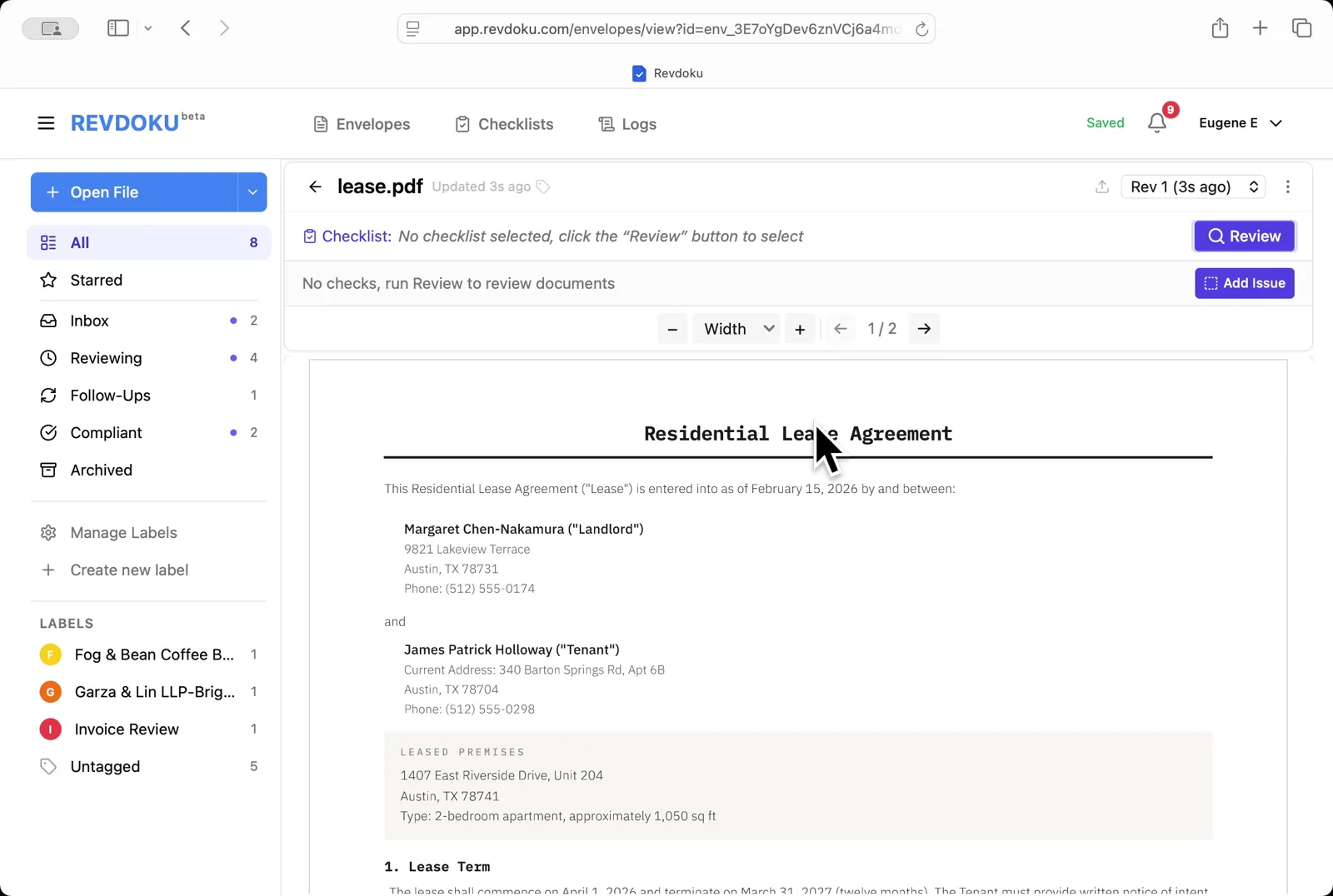 Open the lease. lease.pdf opens in the viewer — a 2-page Residential Lease Agreement between landlord Margaret Chen-Nakamura and tenant James Patrick Holloway