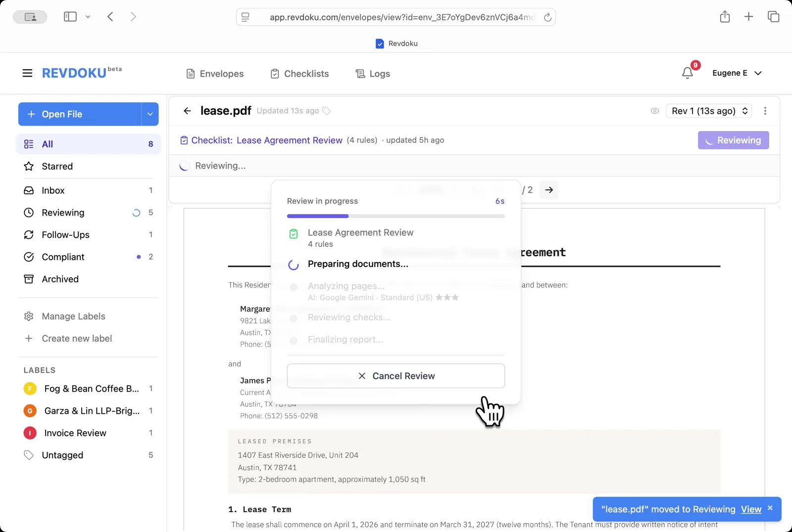 Start the review. Revdoku begins with the Preparing documents step