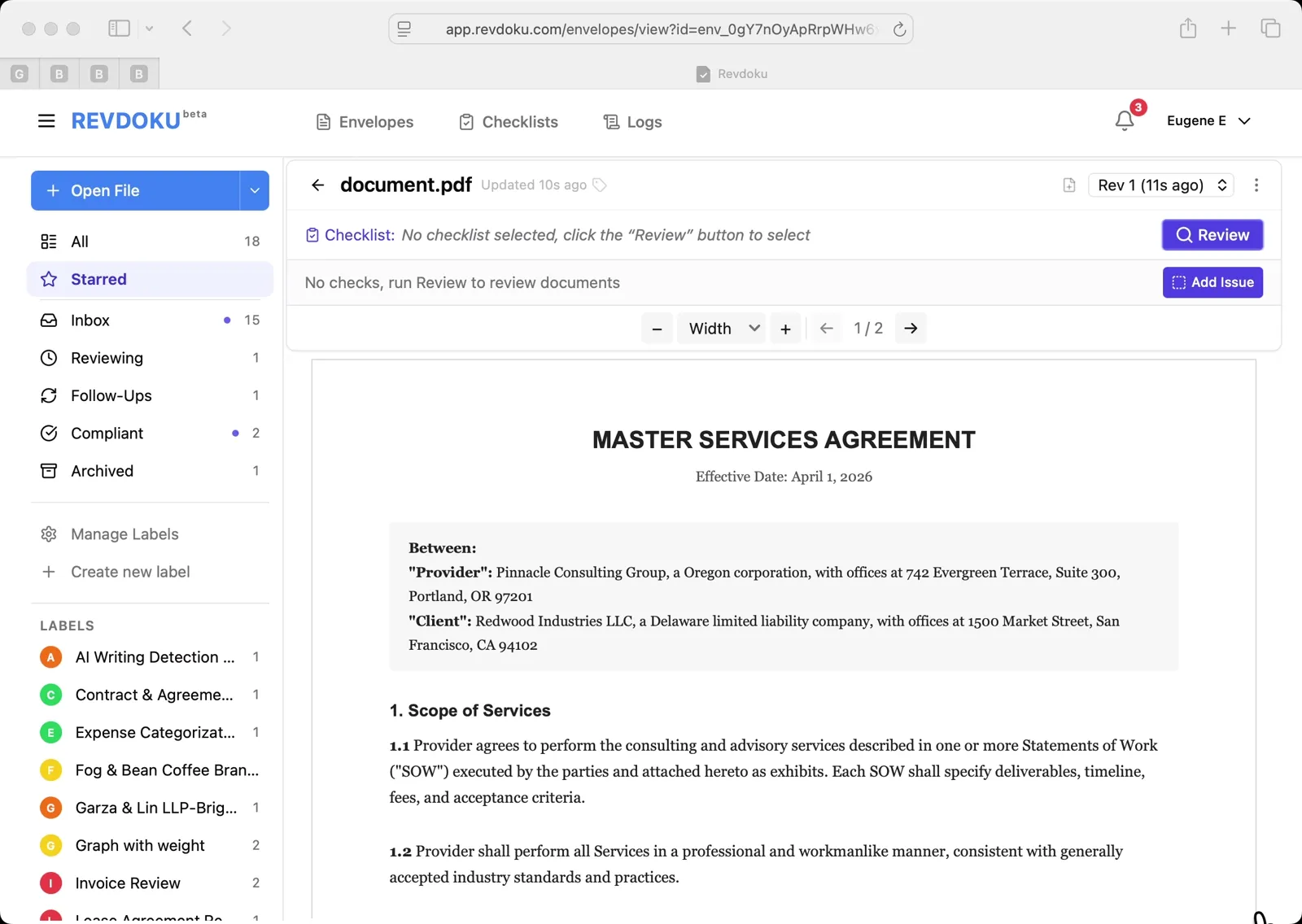 Open the Master Services Agreement. The agreement between Pinnacle Consulting Group and Redwood Industries LLC is open in the Starred view. Click the Review button on the right to begin the compliance check.